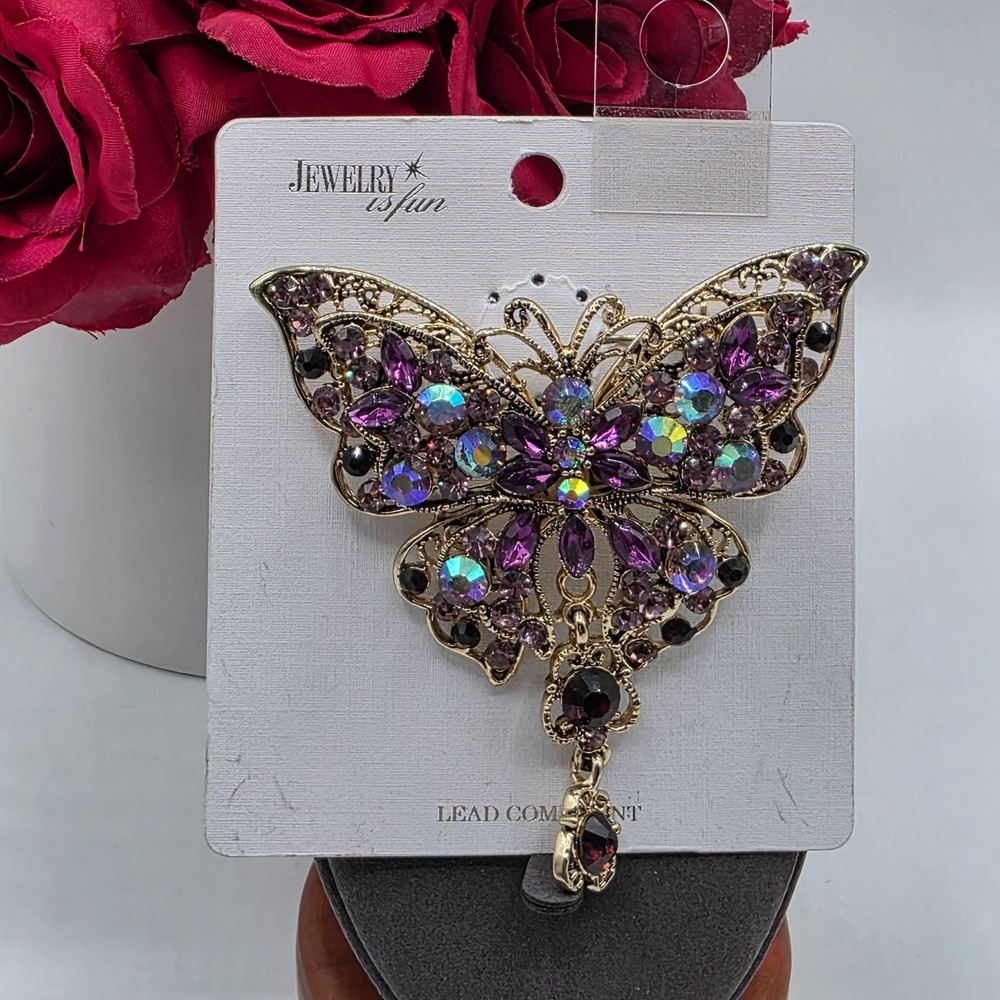 Jewelry is Fun Butterfly Brooch Rhinestone Enamel Gold Tone Purple New Glam